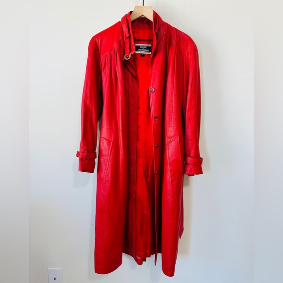 Vintage Red Genuine Leather Belted Trench Coat By Breier of Amsterdam Size 10 - Picture 16 of 16